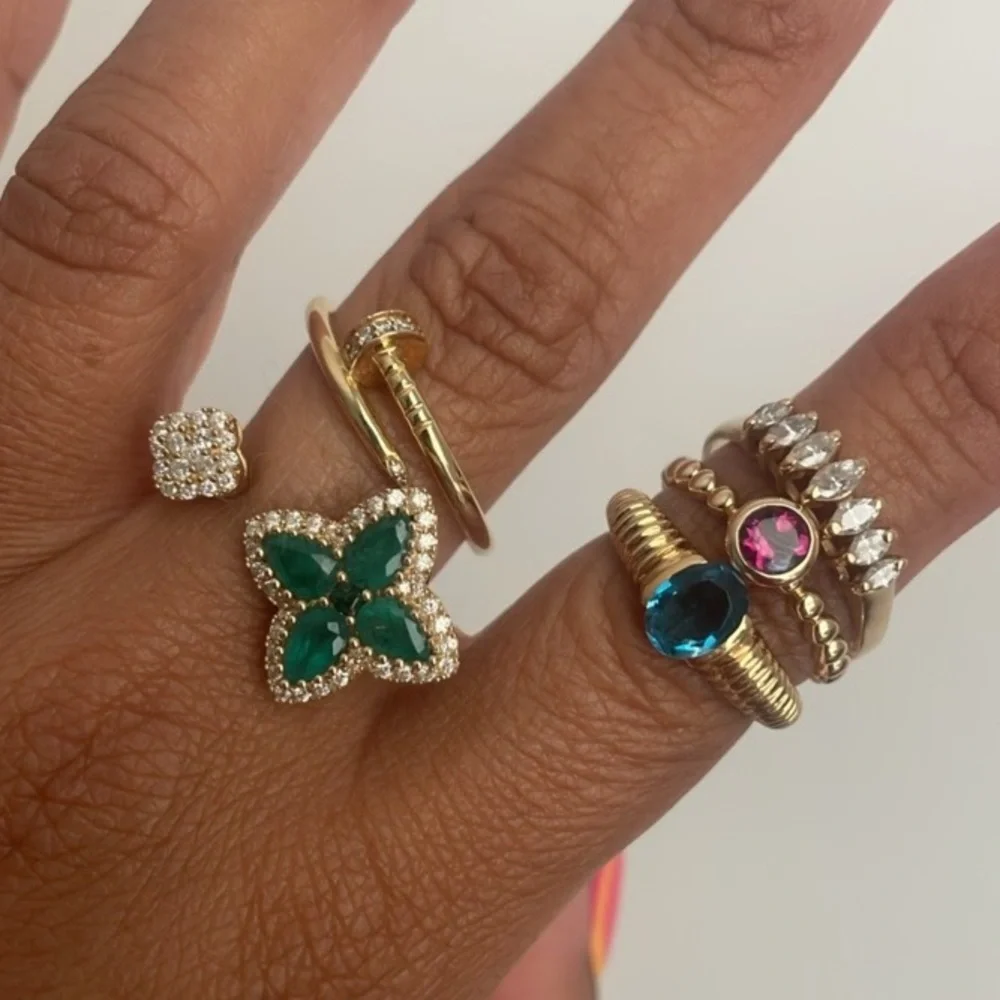 14K yellow gold Clover open ring .4ct diamond 1.4ct emerald